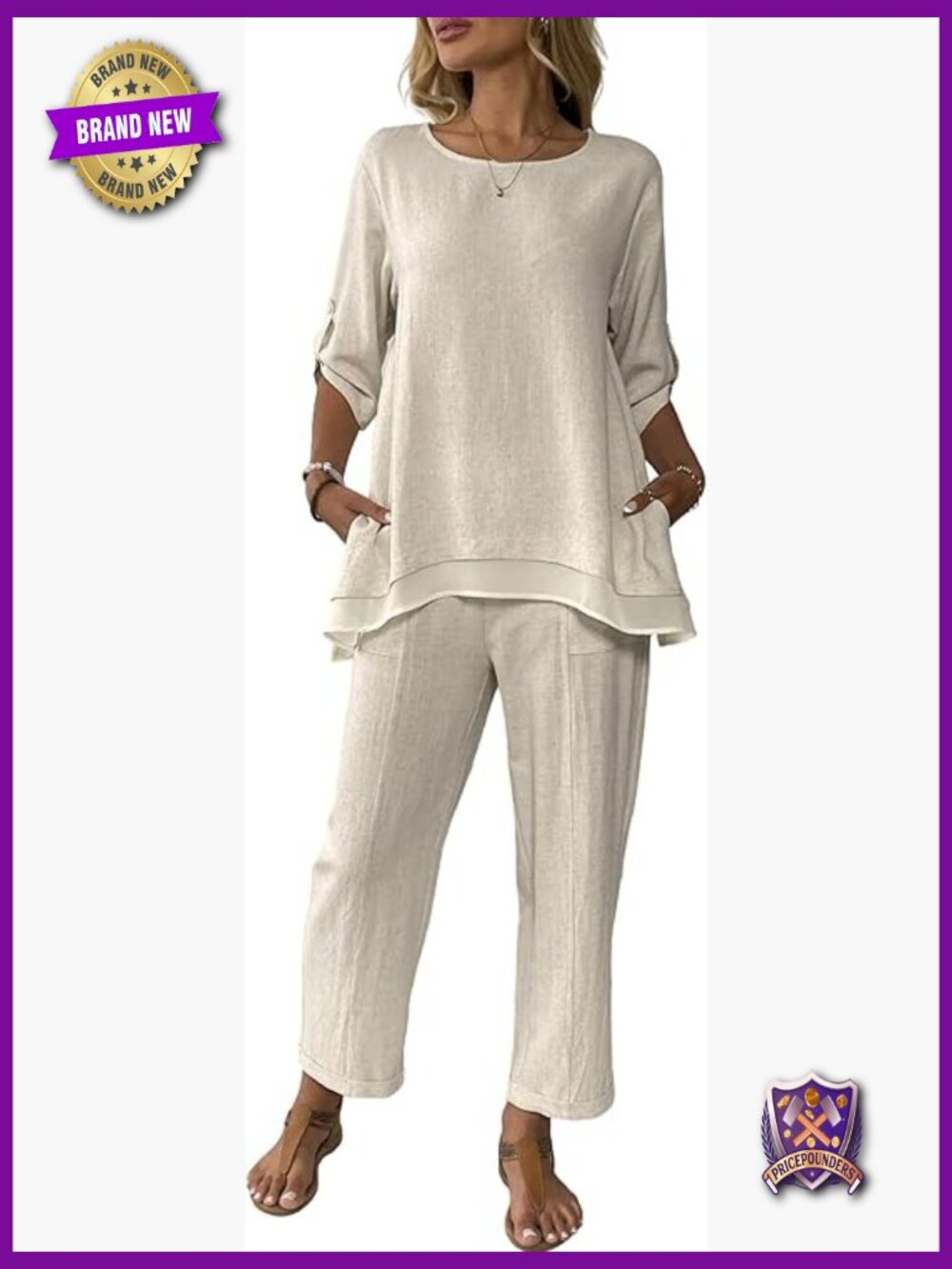 Linen 2 Piece Outfits Rolled Sleeve Top Wide Leg Pant Suits Summer Casual